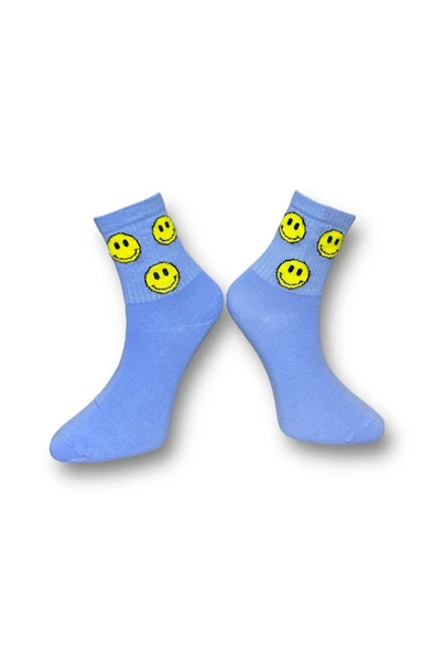 Me-vo Tekli Mavi Renkli Bay/Bayan Unisex Esnek Nem Alabilen Pamuklu Emoji Desenli Soket Çorap - Resim 2
