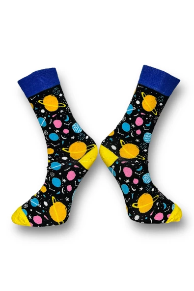 Me-vo Tekli Siyah Renkli Bay/Bayan Unisex Esnek Nem Alabilen Pamuklu Galaksi Desenli Soket Çorap - Resim 2