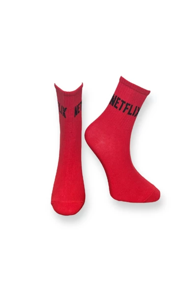 Me-vo Tekli Kırmızı Renkli Bay/Bayan Unisex Esnek Nem Alabilen Pamuklu Netflix Yazılı Soket Çorap ürün görseli