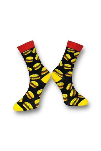 Me-vo Tekli Siyah Renkli Bay/Bayan Unisex Esnek Nem Alabilen Pamuklu Hamburger Desenli Soket Çorap - Resim 2