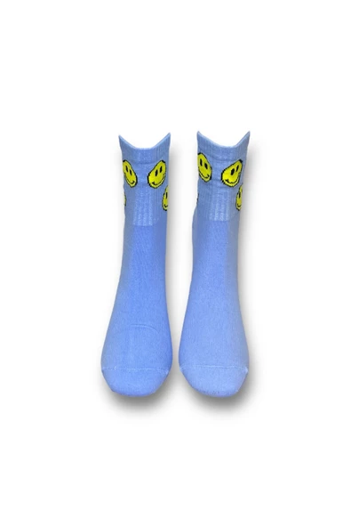 Me-vo Tekli Mavi Renkli Bay/Bayan Unisex Esnek Nem Alabilen Pamuklu Emoji Desenli Soket Çorap - Resim 3
