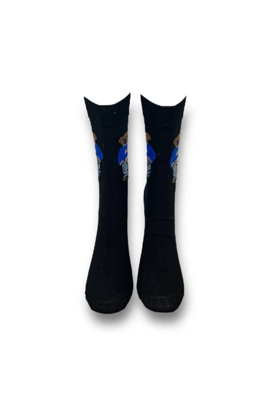 Me-vo Tekli Siyah Renkli Bay/Bayan Unisex Esnek Nem Alabilen Pamuklu Ayı Desenli Soket Çorap - Resim 3