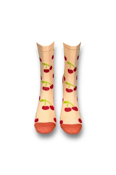 Me-vo Tekli Pudra Renkli Bay/Bayan Unisex Esnek Nem Alabilen Pamuklu Kiraz Desenli Soket Çorap - Resim 3