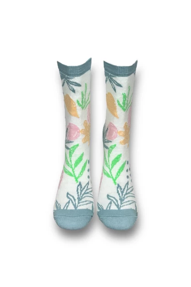 Me-vo Tekli Beyaz Renkli Bay/Bayan Unisex Esnek Nem Alabilen Pamuklu Çiçek Desenli Soket Çorap - Resim 3