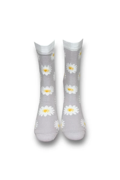 Me-vo Tekli Gri Renkli Bay/Bayan Unisex Esnek Nem Alabilen Pamuklu Çiçek Desenli Soket Çorap - Resim 3