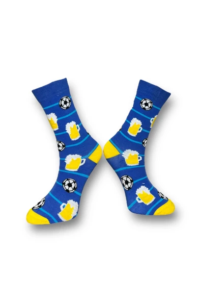 Me-vo Tekli Mavi Renkli Bay/Bayan Unisex Esnek Nem Alabilen Pamuklu Futbol Desenli Soket Çorap - 2