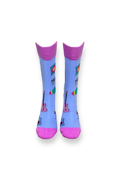 Me-vo Tekli Mor Renkli Bay/Bayan Unisex Esnek Nem Alabilen Pamuklu Müzikal Desenli Soket Çorap - Resim 3
