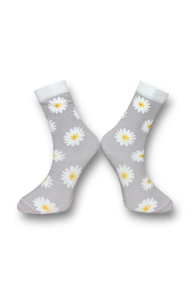 Me-vo Tekli Gri Renkli Bay/Bayan Unisex Esnek Nem Alabilen Pamuklu Çiçek Desenli Soket Çorap - Resim 2