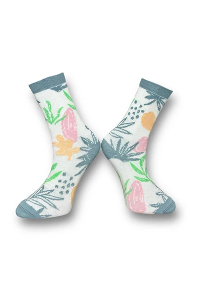 Me-vo Tekli Beyaz Renkli Bay/Bayan Unisex Esnek Nem Alabilen Pamuklu Çiçek Desenli Soket Çorap - Resim 2