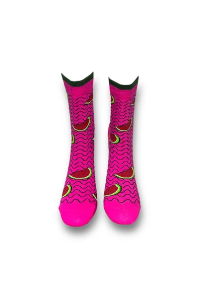 Me-vo Tekli Pembe Renkli Bay/Bayan Unisex Esnek Nem Alabilen Pamuklu Karpuz Desenli Soket Çorap - Resim 3