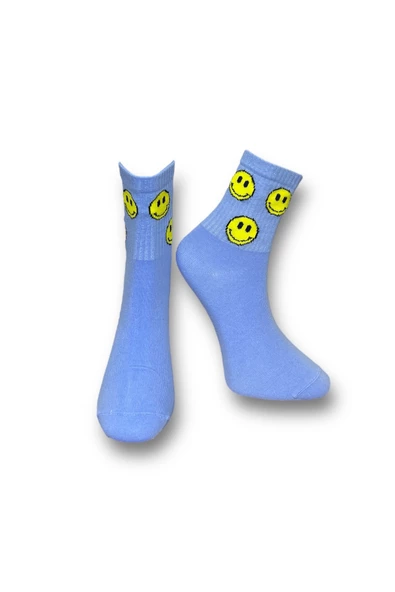Me-vo Tekli Mavi Renkli Bay/Bayan Unisex Esnek Nem Alabilen Pamuklu Emoji Desenli Soket Çorap
