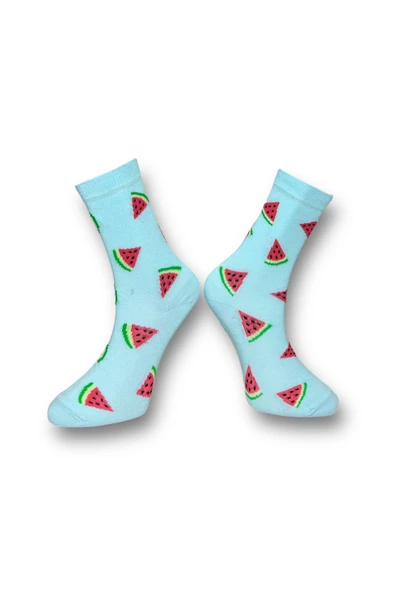 Me-vo Tekli Bebe Mavisi Renkli Bay/Bayan Unisex Esnek Nem Alabilen Pamuklu Karpuz Desenli Soket Çorap - Resim 2