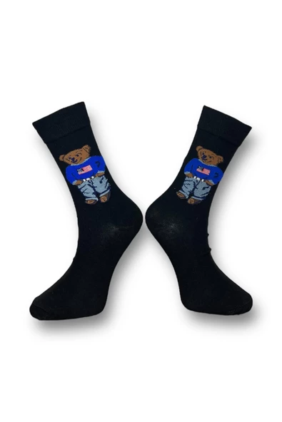 Me-vo Tekli Siyah Renkli Bay/Bayan Unisex Esnek Nem Alabilen Pamuklu Ayı Desenli Soket Çorap - Resim 2