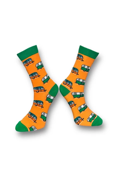 Me-vo Tekli Turuncu Renkli Bay/Bayan Unisex Esnek Nem Alabilen Pamuklu Araba Desenli Soket Çorap - Resim 2