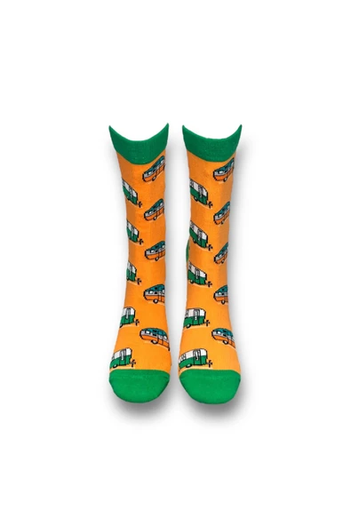 Me-vo Tekli Turuncu Renkli Bay/Bayan Unisex Esnek Nem Alabilen Pamuklu Araba Desenli Soket Çorap - Resim 3
