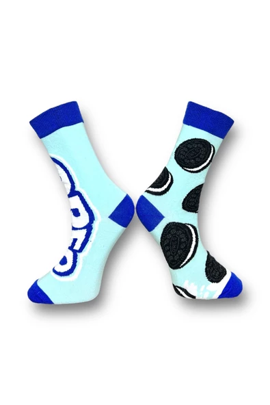 Me-vo Tekli Mavi Renkli Bay/Bayan Unisex Esnek Nem Alabilen Pamuklu Oreo Desenli Soket Çorap - Resim 2