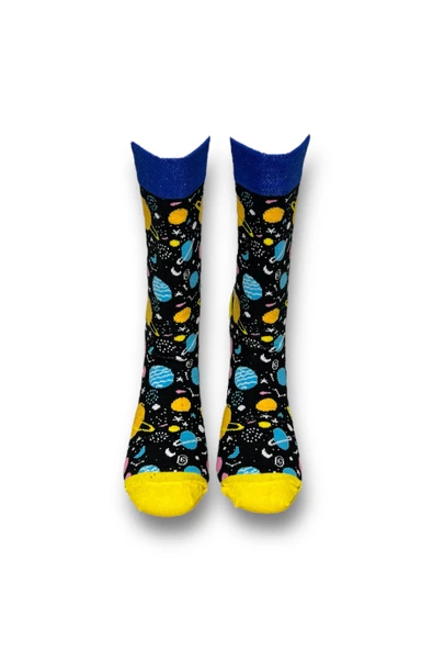 Me-vo Tekli Siyah Renkli Bay/Bayan Unisex Esnek Nem Alabilen Pamuklu Galaksi Desenli Soket Çorap - Resim 3