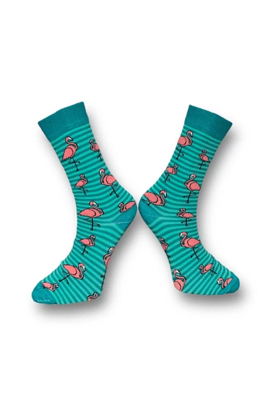 Me-vo Tekli Su Yeşili Renkli Bay/Bayan Unisex Esnek Nem Alabilen Pamuklu Flamingo Desenli Soket Çorap - Resim 2