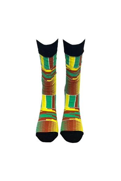 Me-vo Tekli Sarı Renkli Erkek Esnek Nem Alabilen Pamuklu Etnik Desenli Soket Çorap - Resim 3