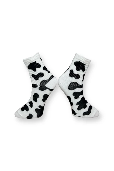 Me-vo Tekli Beyaz Renkli Bay/Bayan Unisex Esnek Nem Alabilen Pamuklu İnek Desenli Soket Çorap - Resim 2