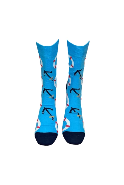 Me-vo Tekli Mavi Renkli Erkek Esnek Nem Alabilen Pamuklu Okyanus Desenli Soket Çorap - Resim 3