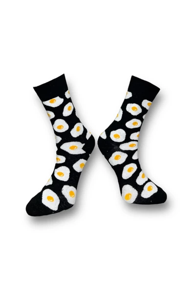 Me-vo Tekli Siyah Renkli Bay/Bayan Unisex Esnek Nem Alabilen Pamuklu Yumurta Desenli Soket Çorap - Resim 2