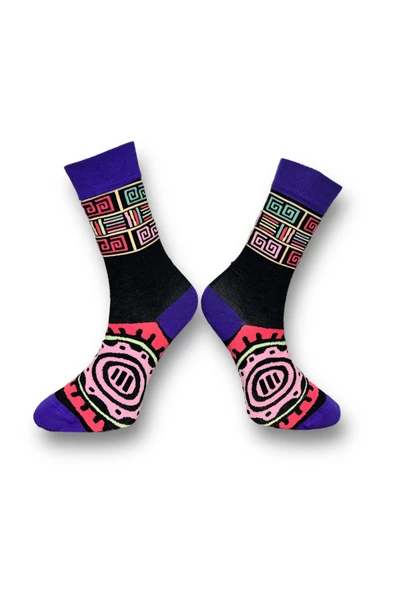 Me-vo Tekli Siyah Renkli Bay/Bayan Unisex Esnek Nem Alabilen Pamuklu Etnik Desenli Soket Çorap - Resim 2