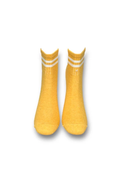 Me-vo Tekli Sarı Renkli Bay/Bayan Unisex Esnek Nem Alabilen Pamuklu Çizgili Soket Çorap - Resim 3