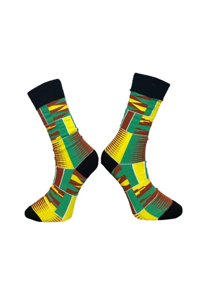Me-vo Tekli Sarı Renkli Erkek Esnek Nem Alabilen Pamuklu Etnik Desenli Soket Çorap - Resim 2