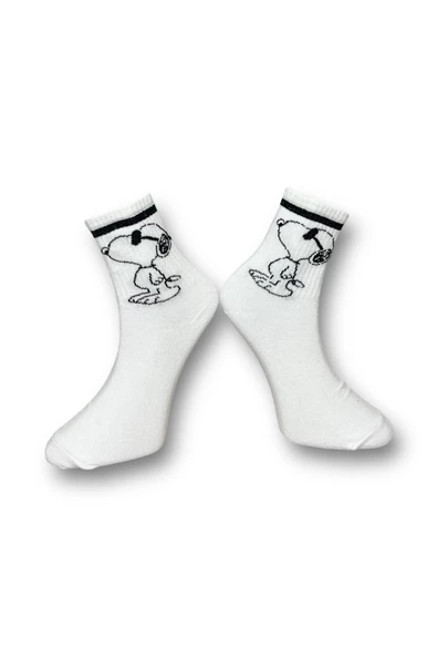 Me-vo Tekli Beyaz Renkli Bay/Bayan Unisex Esnek Nem Alabilen Pamuklu Çizgi Film Karakterli Soket Çorap - Resim 2