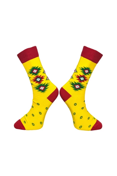 Me-vo Tekli Sarı Renkli Erkek Esnek Nem Alabilen Pamuklu Etnik Desenli Soket Çorap - Resim 2