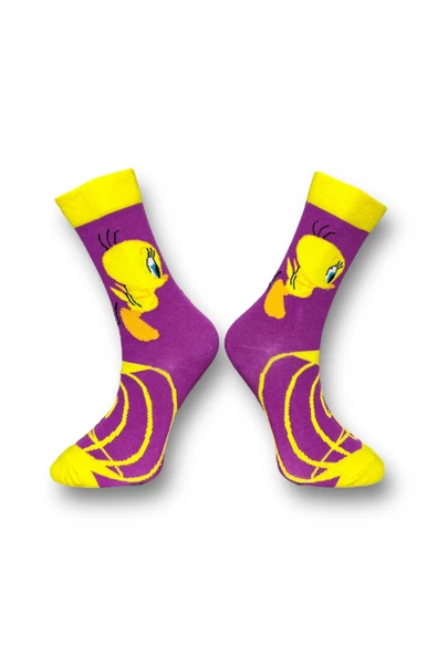Me-vo Tekli Mor Renkli Bay/Bayan Unisex Esnek Nem Alabilen Pamuklu Çizgi Film Karakterli Soket Çorap - Resim 2