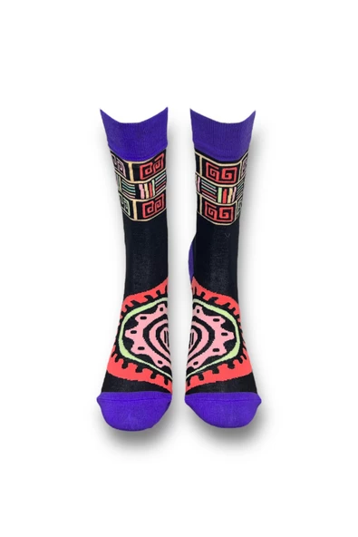 Me-vo Tekli Siyah Renkli Bay/Bayan Unisex Esnek Nem Alabilen Pamuklu Etnik Desenli Soket Çorap - Resim 3