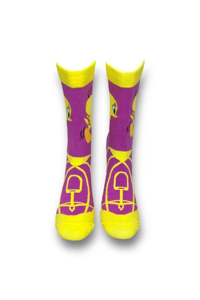 Me-vo Tekli Mor Renkli Bay/Bayan Unisex Esnek Nem Alabilen Pamuklu Çizgi Film Karakterli Soket Çorap - Resim 3