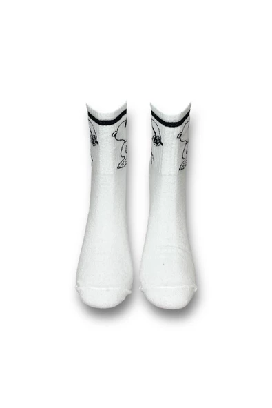 Me-vo Tekli Beyaz Renkli Bay/Bayan Unisex Esnek Nem Alabilen Pamuklu Çizgi Film Karakterli Soket Çorap - Resim 3