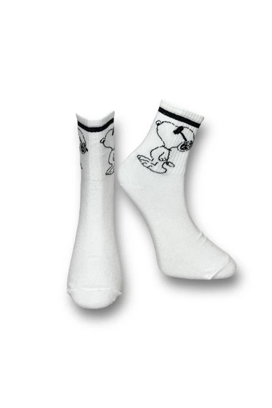 Me-vo Tekli Beyaz Renkli Bay/Bayan Unisex Esnek Nem Alabilen Pamuklu Çizgi Film Karakterli Soket Çorap ürün görseli