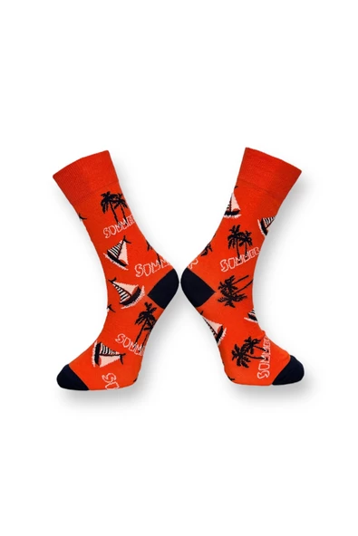 Me-vo Tekli Turuncu Renkli Erkek Esnek Nem Alabilen Pamuklu Gemi Desenli Soket Çorap - Resim 2