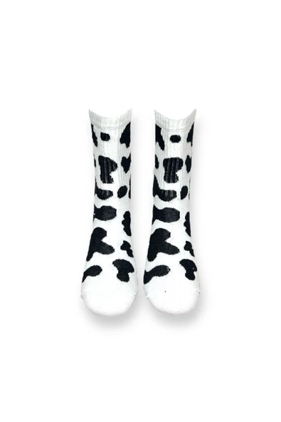 Me-vo Tekli Beyaz Renkli Bay/Bayan Unisex Esnek Nem Alabilen Pamuklu İnek Desenli Soket Çorap - Resim 3