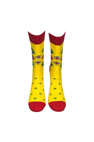 Me-vo Tekli Sarı Renkli Erkek Esnek Nem Alabilen Pamuklu Etnik Desenli Soket Çorap - Resim 3