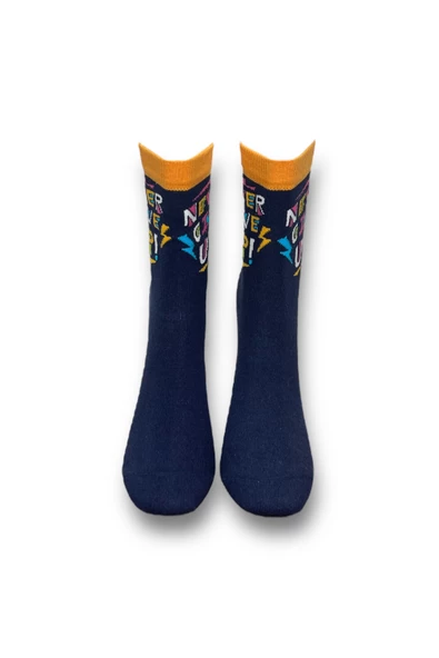 Me-vo Tekli Lacivert Renkli Bay/Bayan Unisex Esnek Nem Alabilen Pamuklu Slogan İşlemeli Soket Çorap - Resim 3
