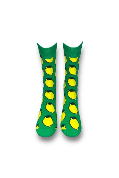Me-vo Tekli Yeşil Renkli Bay/Bayan Unisex Esnek Nem Alabilen Pamuklu Limon Desenli Soket Çorap - Resim 3