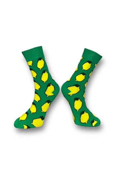 Me-vo Tekli Yeşil Renkli Bay/Bayan Unisex Esnek Nem Alabilen Pamuklu Limon Desenli Soket Çorap - Resim 2
