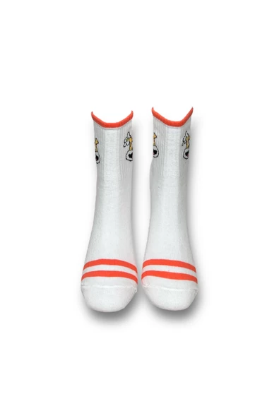 Me-vo Tekli Beyaz Renkli Bay/Bayan Unisex Esnek Nem Alabilen Pamuklu Çizgi Film Karakterli Soket Çorap - Resim 3