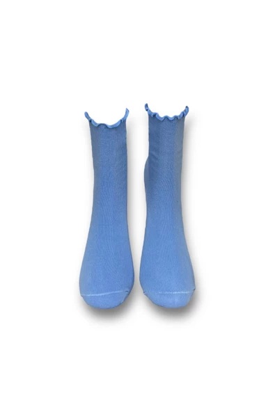 Me-vo Tekli Mavi Renkli Kadın Esnek Nem Alabilen Pamuklu Papatya Desenli Soket Çorap - Resim 3