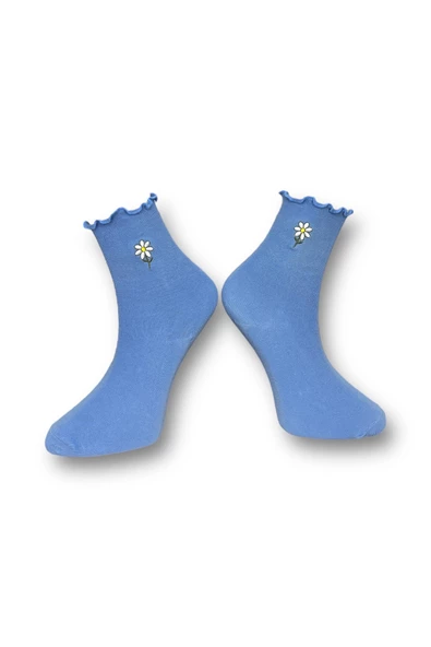 Me-vo Tekli Mavi Renkli Kadın Esnek Nem Alabilen Pamuklu Papatya Desenli Soket Çorap - Resim 2