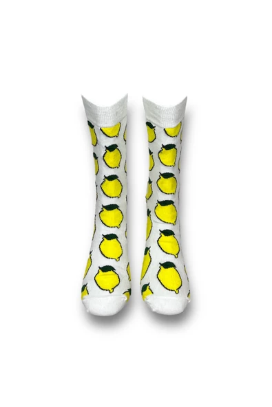 Me-vo Tekli Beyaz Renkli Bay/Bayan Unisex Esnek Nem Alabilen Pamuklu Limon Desenli Soket Çorap - Resim 3