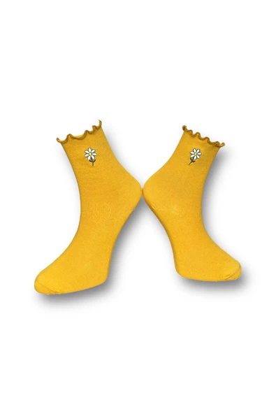 Me-vo Tekli Hardal Sarısı Renkli Kadın Esnek Nem Alabilen Pamuklu Papatya Desenli Soket Çorap - Resim 2