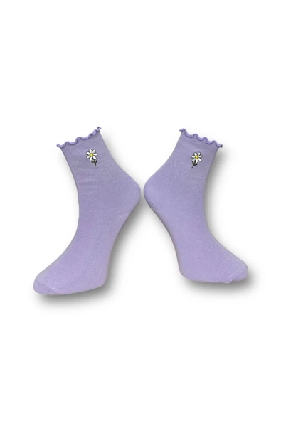 Me-vo Tekli Lila Renkli Kadın Esnek Nem Alabilen Pamuklu Papatya Desenli Soket Çorap - Resim 2