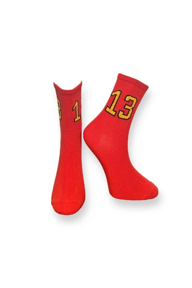 Me-vo Tekli Kırmızı Renkli Bay/Bayan Unisex Esnek Nem Alabilen Pamuklu Sayı İşlemeli Soket Çorap ürün görseli