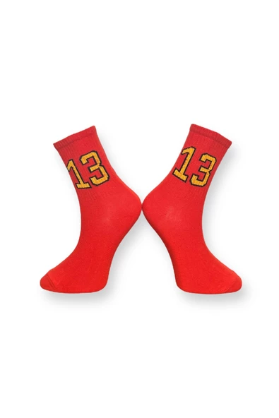 Me-vo Tekli Kırmızı Renkli Bay/Bayan Unisex Esnek Nem Alabilen Pamuklu Sayı İşlemeli Soket Çorap - Resim 2